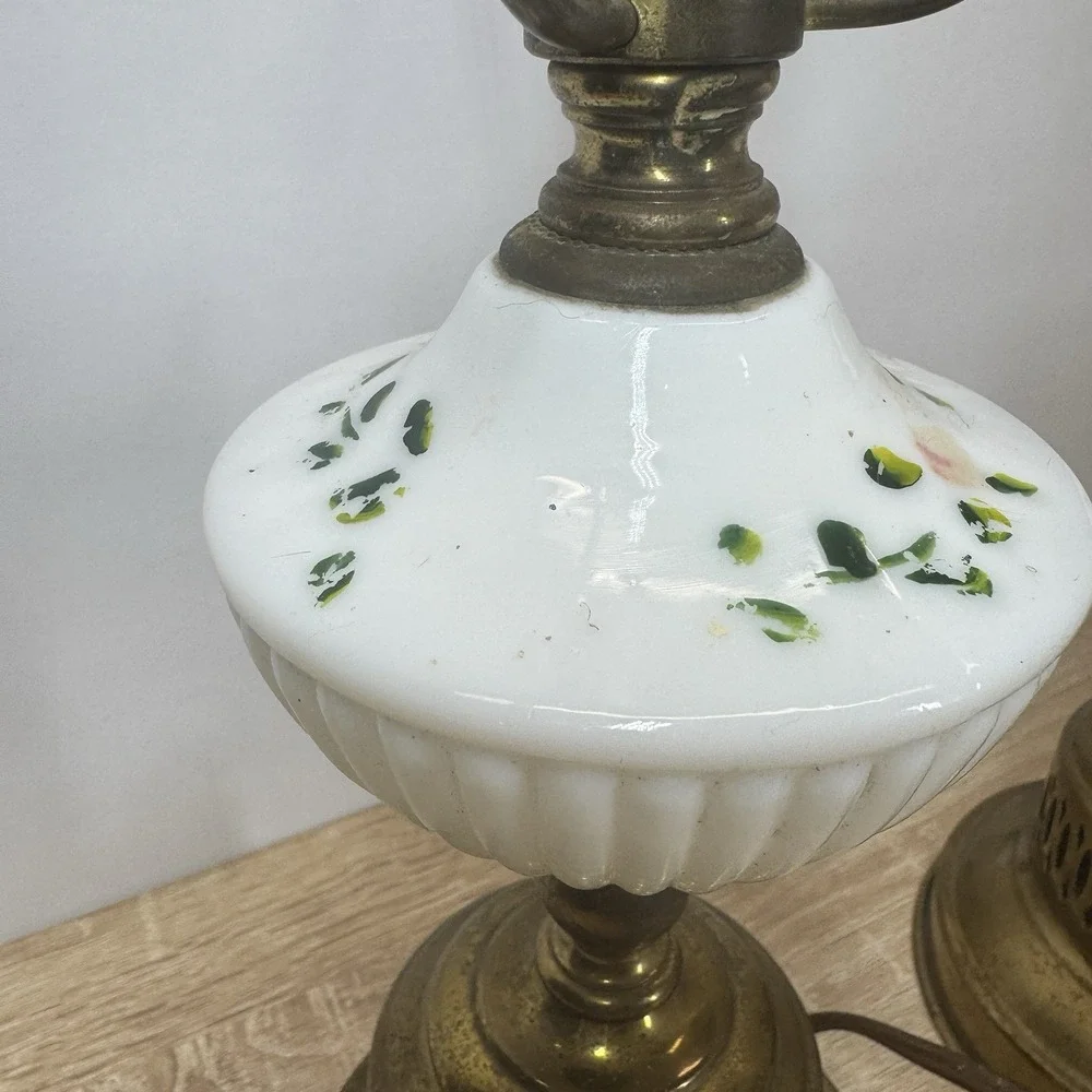 Vintage Pair Porcelain Floral Brass Table Lamps Boudoir Vanity Parts Repair